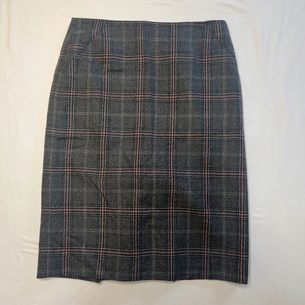 Talbots Grey Plaid Wool Pencil Skirt Size 8 Made in Japan Back Pleat Lined